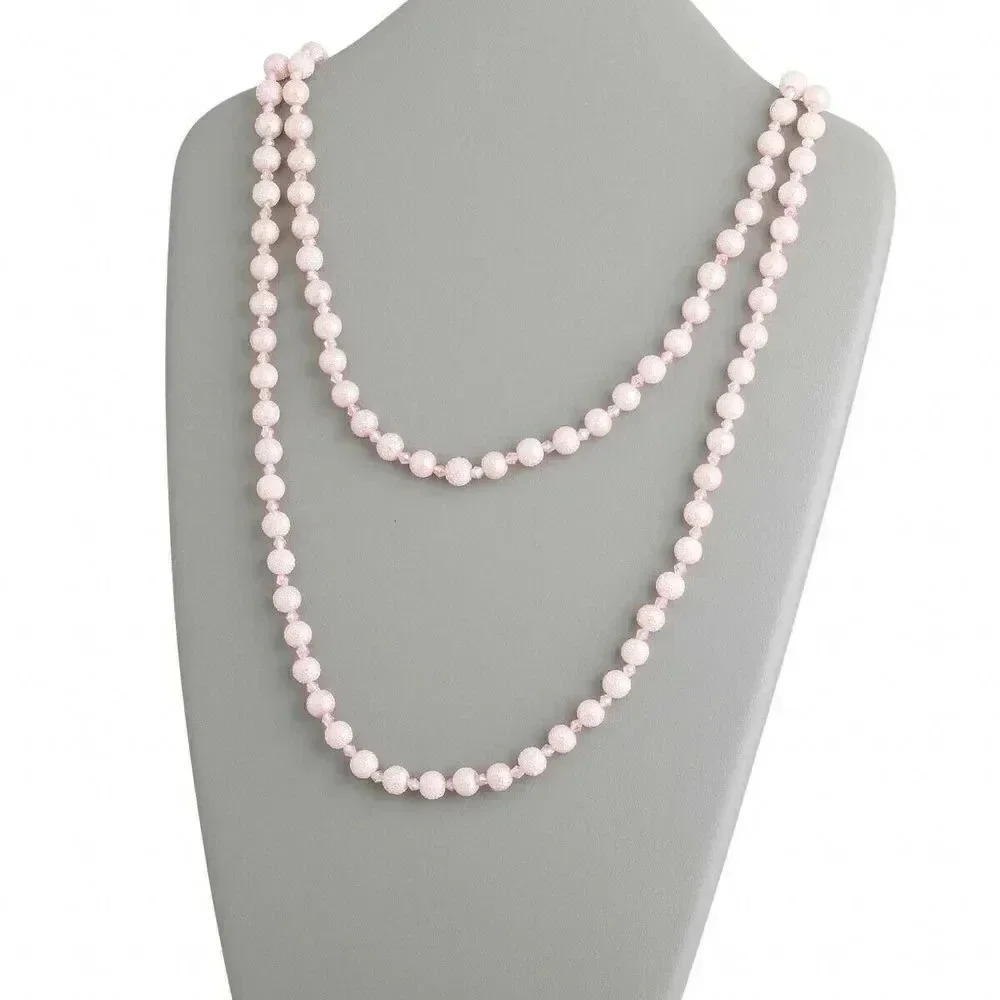 Retro Textured Glass Pearl Opera Length Necklace Light Pink